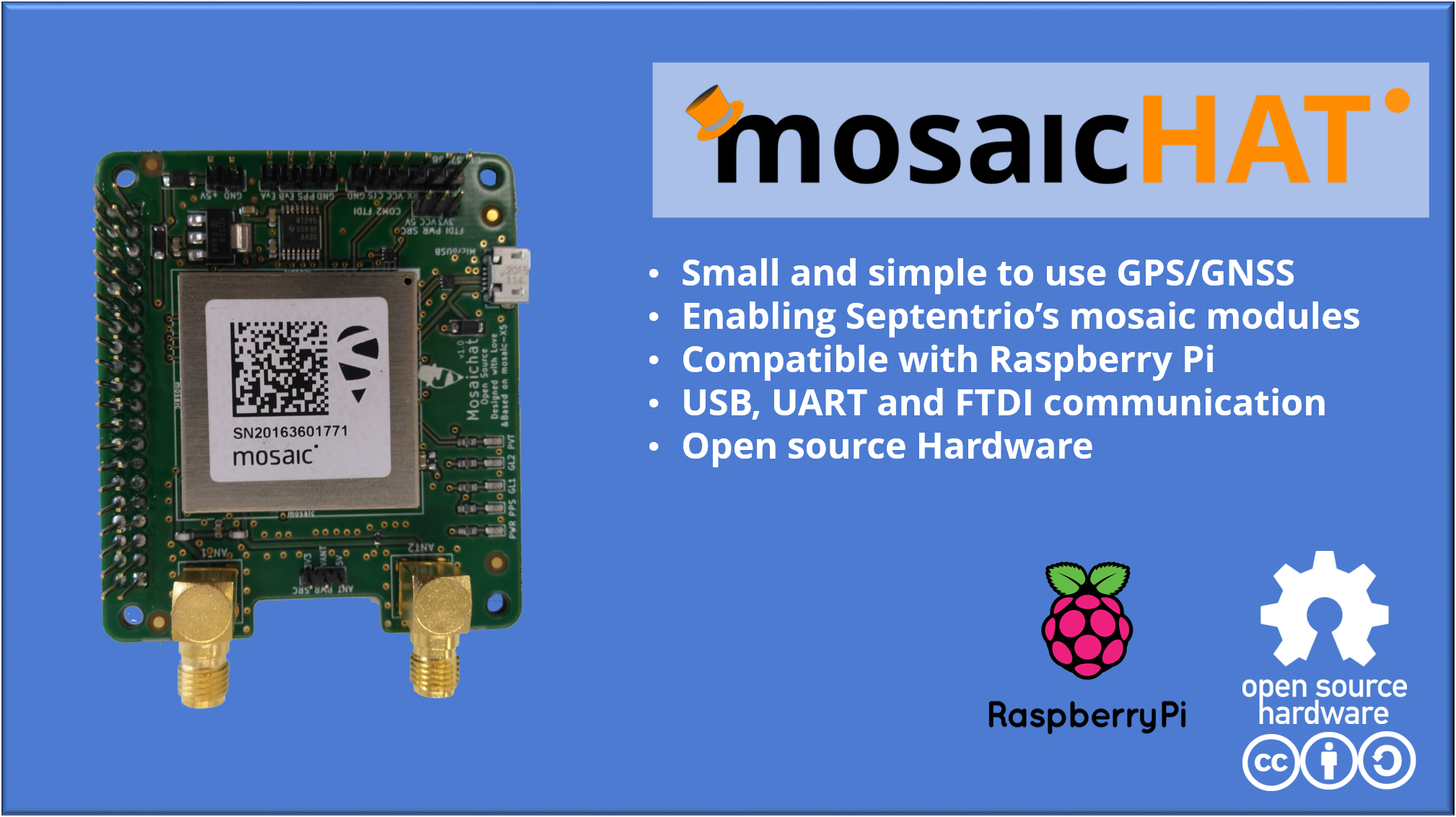 mosaicHAT:mosaic-X5 + Raspberry Pi 开源 GNSS HAT(来源:mosaicHAT 官方 GitHub 仓库)