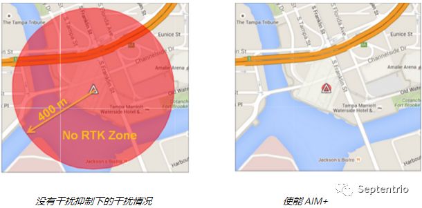 图7:没有干扰抑制下的干扰情况(左)与使用AIM+(右)